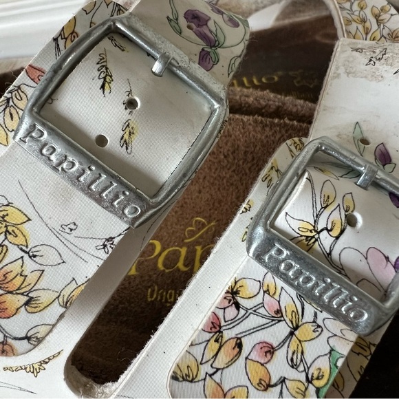 Papillio Birkenstock Boston Clogs W7 M5 White Floral Slip On Shoes Adjust Buckle - Picture 4 of 16